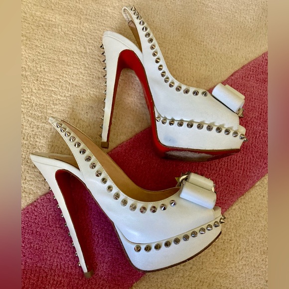 Christian Louboutin White Lady Clou 150 Spikes Studded Peep Toe Pumps Heels 37 - Picture 7 of 11